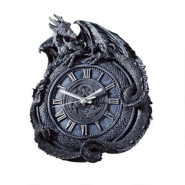 Dragon Sculptural Clock Time Piece Roman Numerals Grey Quartz Statue